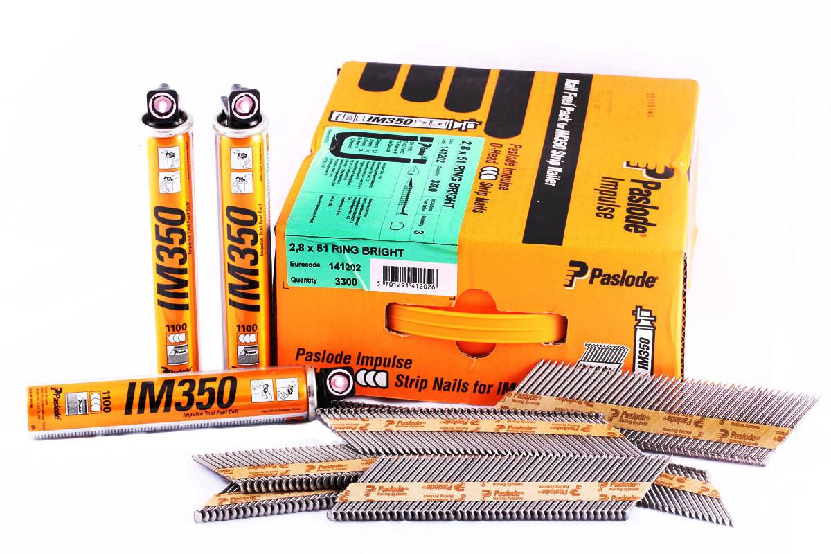 Paslode IM350+ Li-ion 34 Degree 2.8mm-3.1mm Diameter Paper Collated Nails 51mm-90mm + Fuel Cells - ProNailers