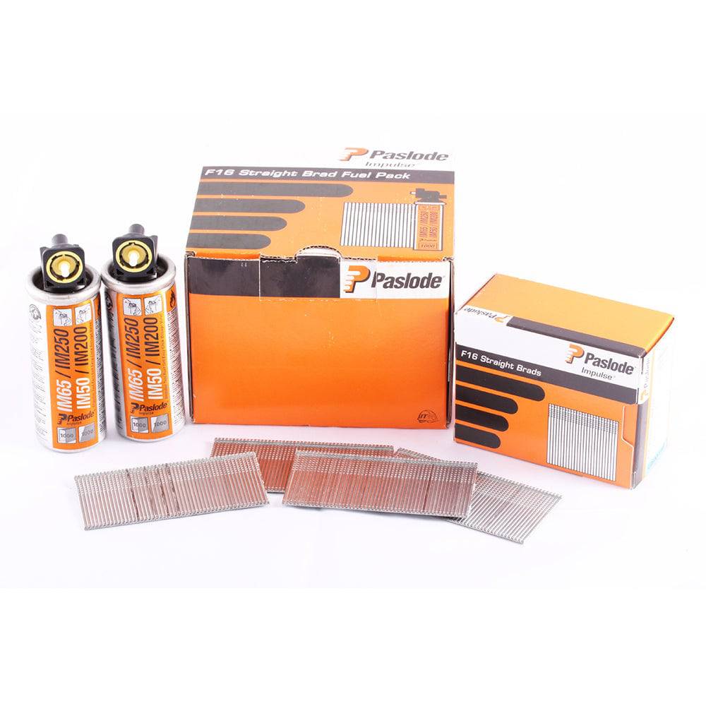 Paslode IM65 16 Gauge Stainless Steel Finish Nails 25mm-63mm 2,000/Box + 2 Fuel Cells - ProNailers